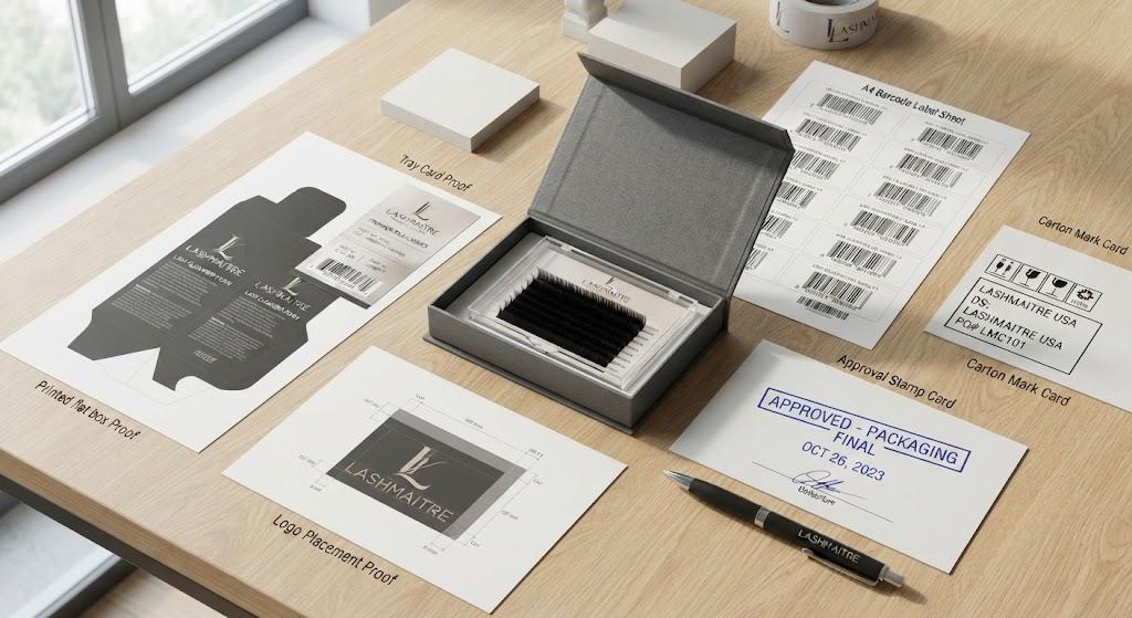 LASHMAITRE lash production approval checklist with private label packaging proof tray card barcode sheet and approval stamp