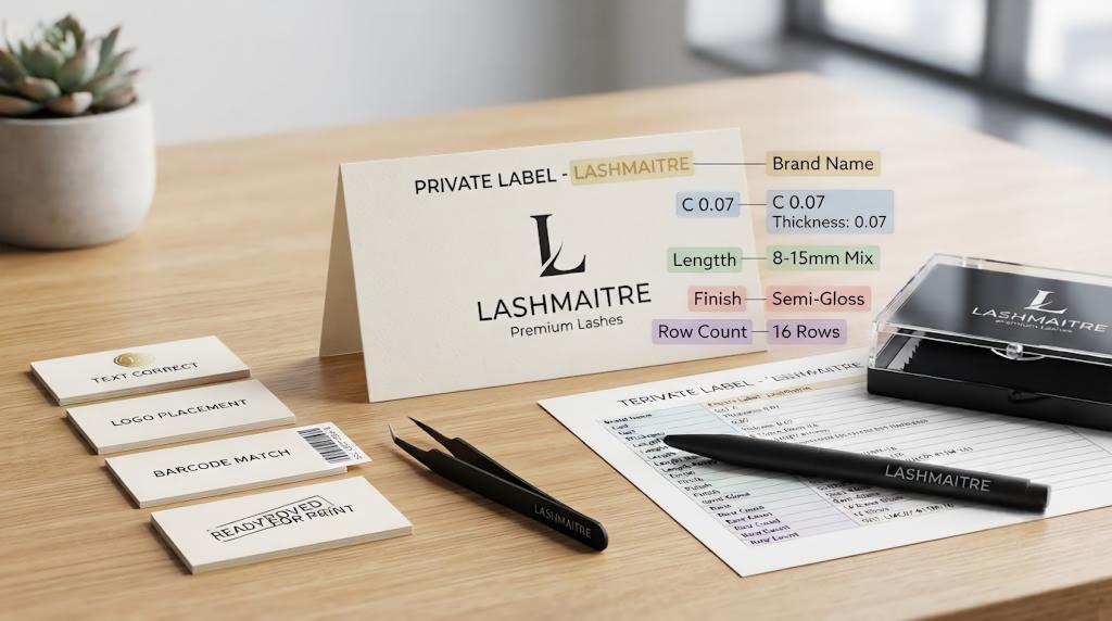 LASHMAITRE private label tray card with brand name, C curl, thickness, length, finish and row count proof fields