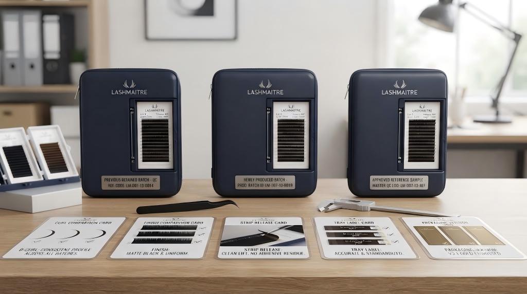 Lash retain sample comparison across a previous batch, new production and approved LASHMAITRE reference