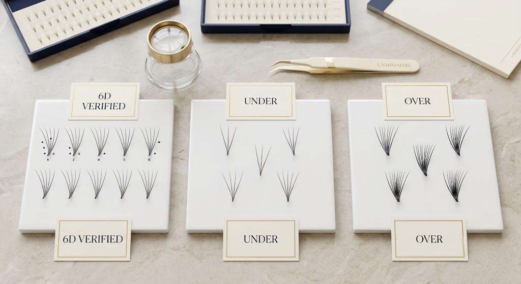 6D premade lash fan fiber count verification with approved under-count and over-count samples