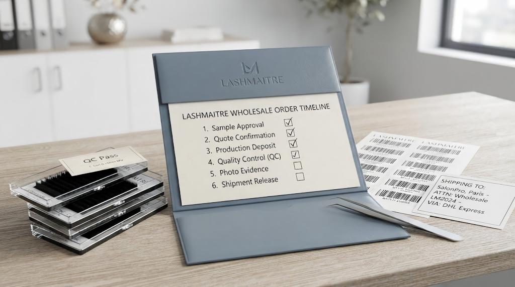 LASHMAITRE wholesale order timeline with sample approval, quote confirmation, production deposit, QC and photo evidence steps