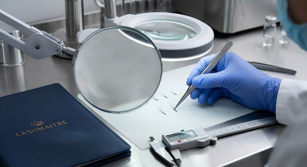 LASHMAITRE 6D lash fan base stem and fiber inspection under magnification