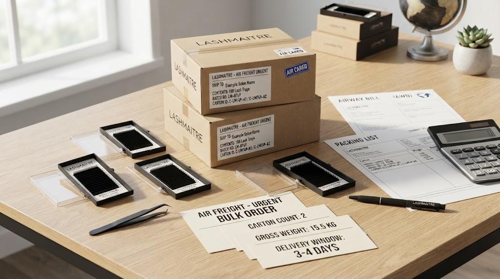 Air freight planning for LASHMAITRE bulk lash order with cartons, packing list and carton count cards