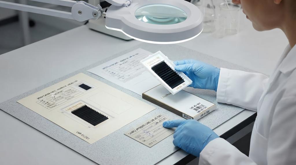 LASHMAITRE approved lash sample linked to specification artwork and packaging revision records