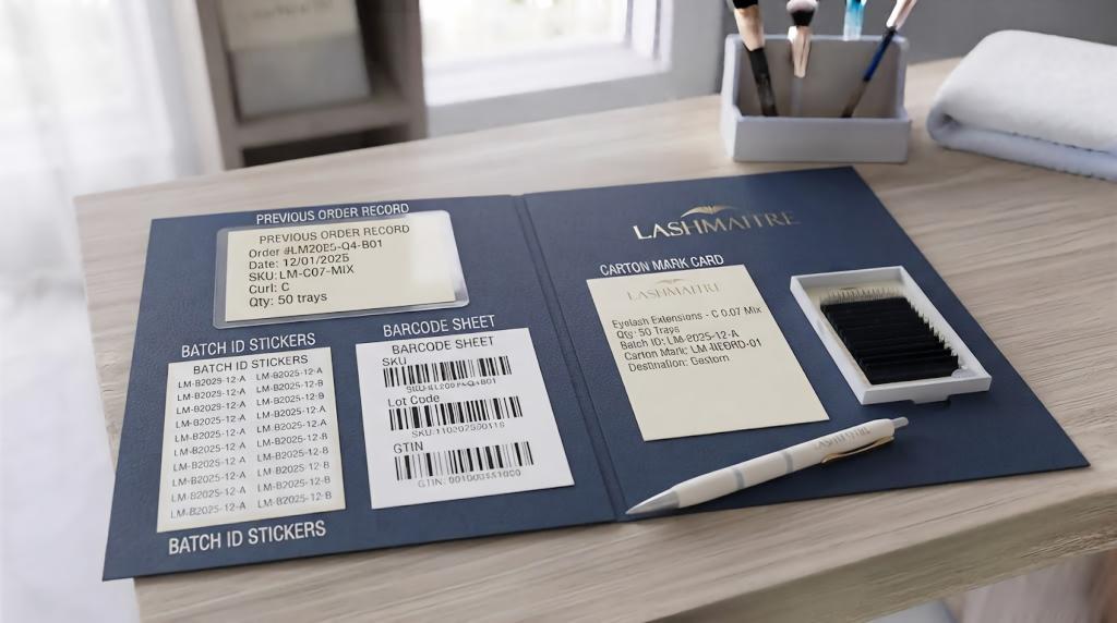 LASHMAITRE batch ID stickers, barcode sheet and carton mark card for wholesale lash reorder records