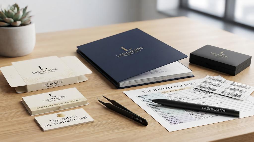 LASHMAITRE bulk tray card spec sheet with private label box, barcode stickers and approved tray card note