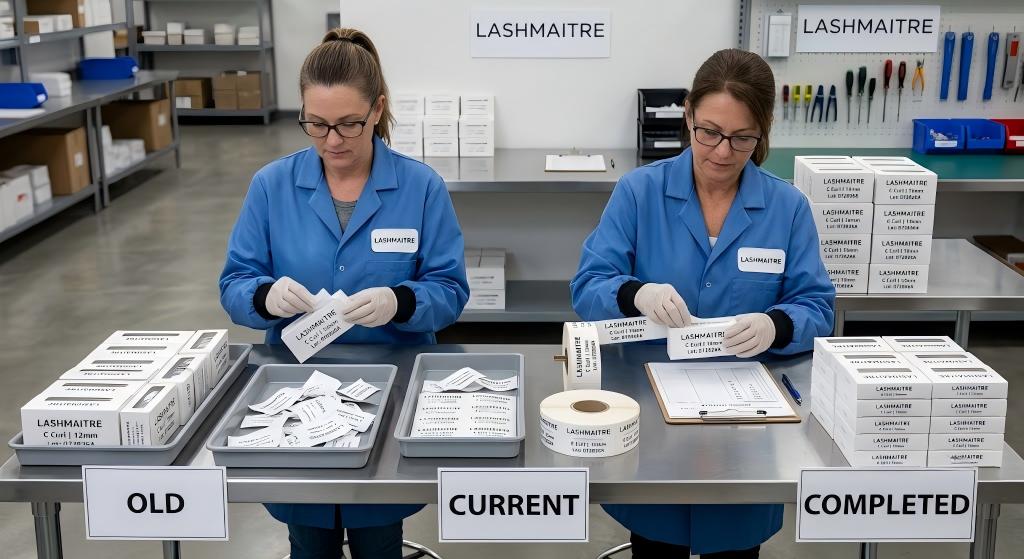 Operators performing controlled relabeling and repacking of LASHMAITRE lash products