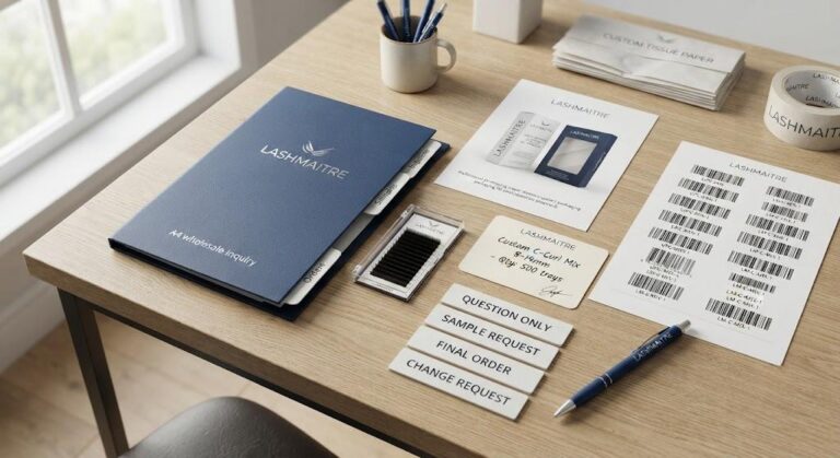 LASHMAITRE lash buyer communication checklist with wholesale inquiry folder buyer cards and sample tray