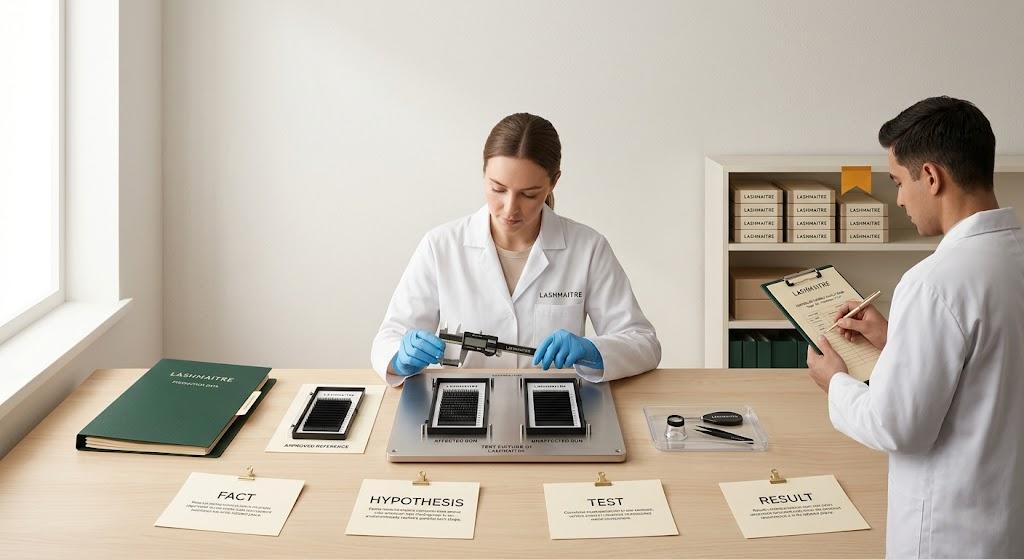 Controlled hypothesis test during a LASHMAITRE lash defect investigation