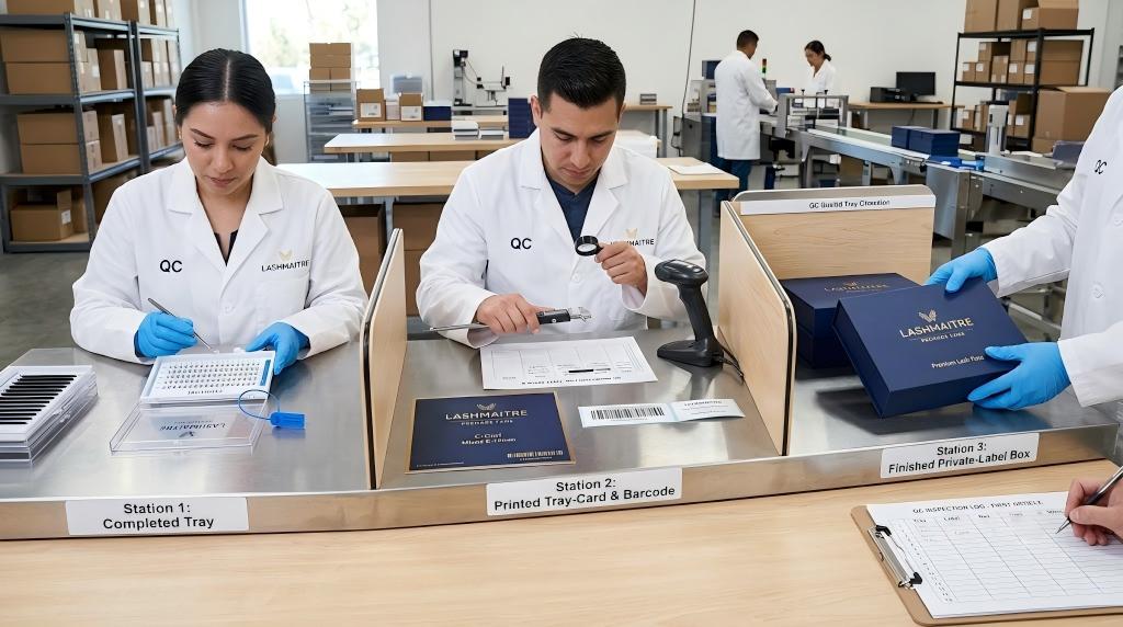 LASHMAITRE first article quality stations checking tray card barcode and finished private label box