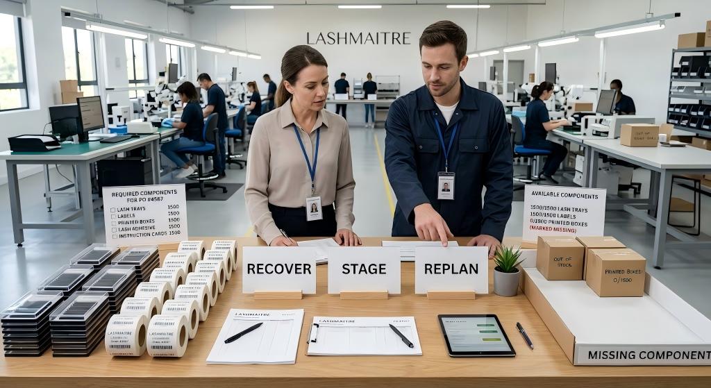 LASHMAITRE team choosing recovery staging or replanning after a packaging material shortage