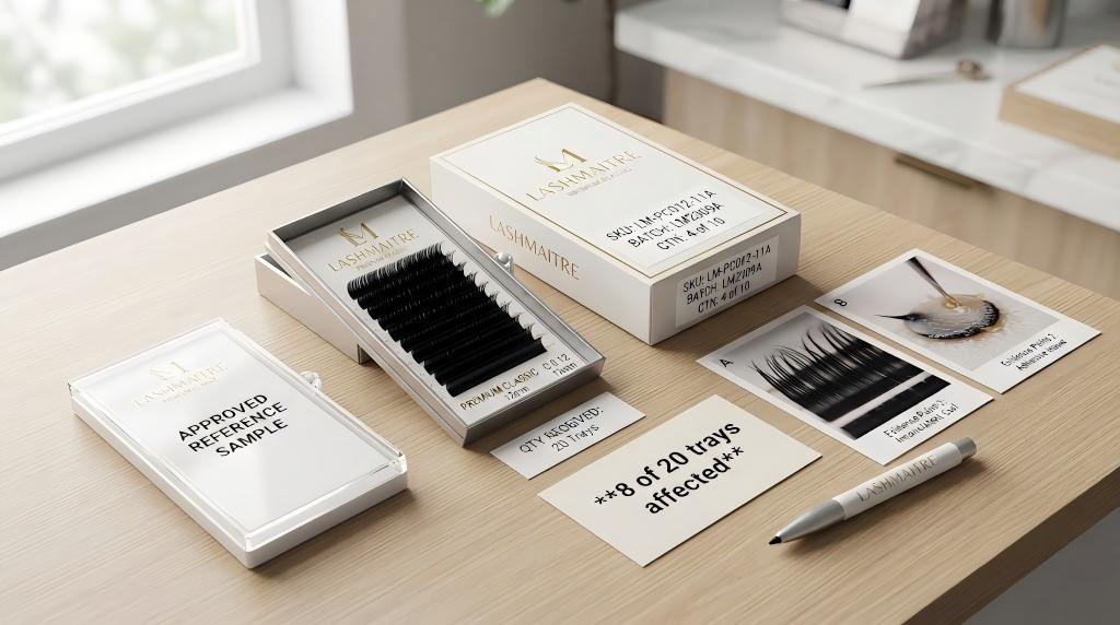 Lash quality complaint evidence showing SKU, batch ID, carton, quantity and approved sample
