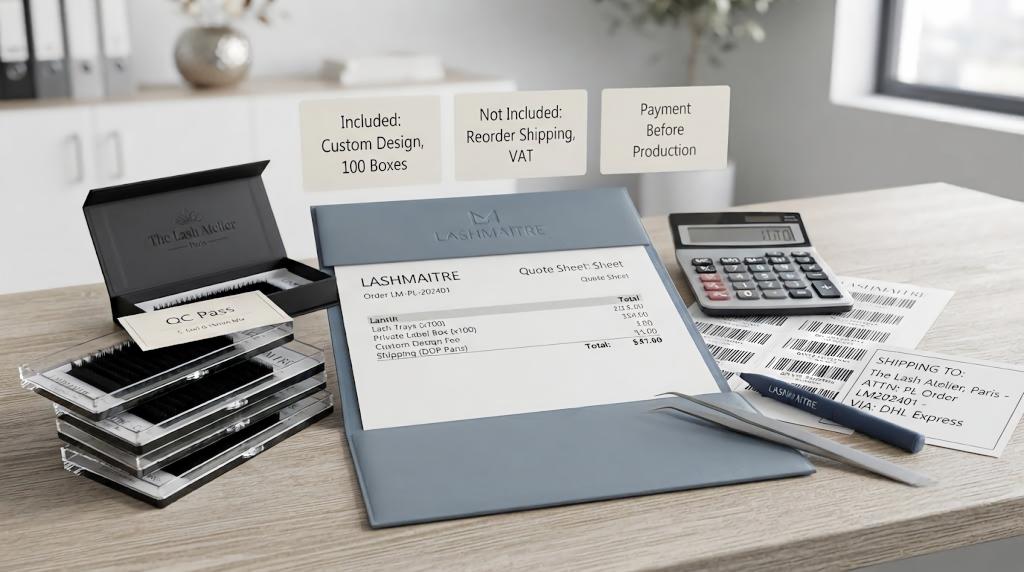 LASHMAITRE quote sheet showing included and not included items for custom design, reorder shipping, VAT and payment before production