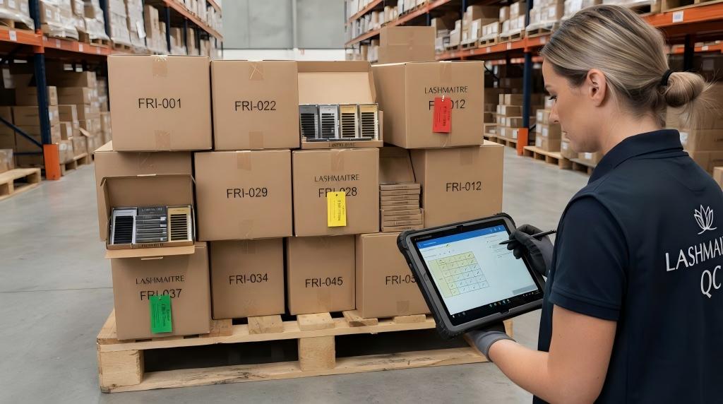 LASHMAITRE quality inspector selecting random cartons across a wholesale lash shipment pallet