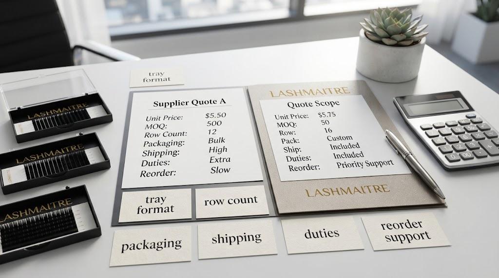 LASHMAITRE supplier quote comparison scene showing unit price, MOQ, row count, packaging, shipping, duties, and reorder support cards.