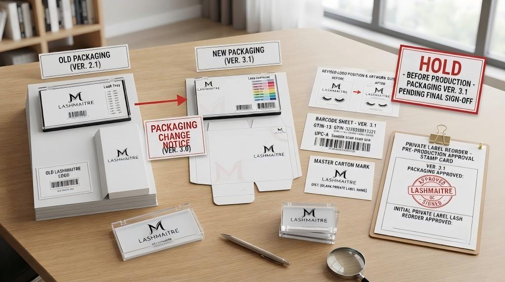 LASHMAITRE private label packaging change notice with old and revised proofs on production hold