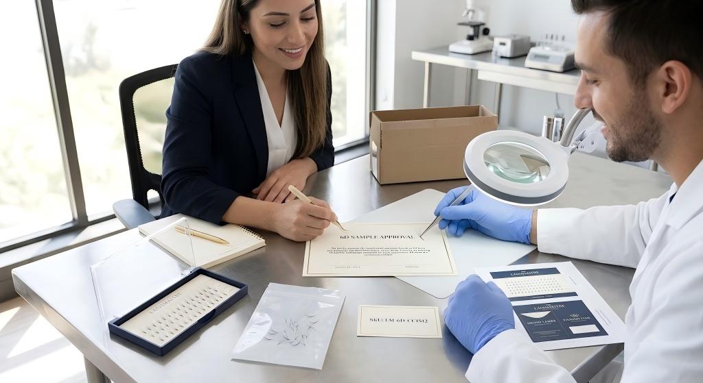 Wholesale buyer and LASHMAITRE quality inspector approving a 6D premade fan sample