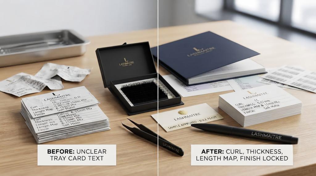 LASHMAITRE before and after tray card text proof showing unclear text corrected to curl, thickness, length map and finish locked