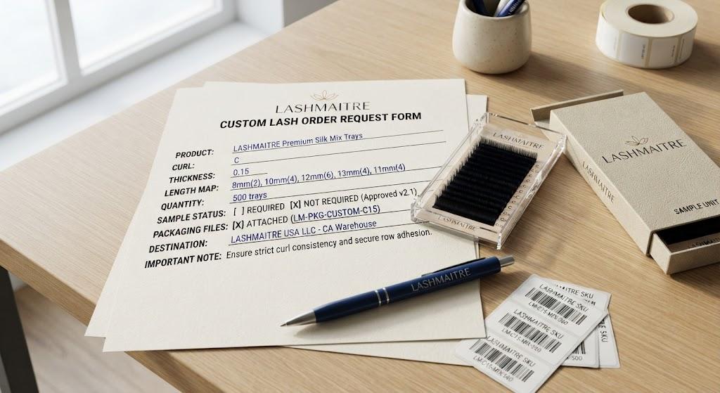 LASHMAITRE lash buyer communication checklist custom order request form with sample tray and SKU labels