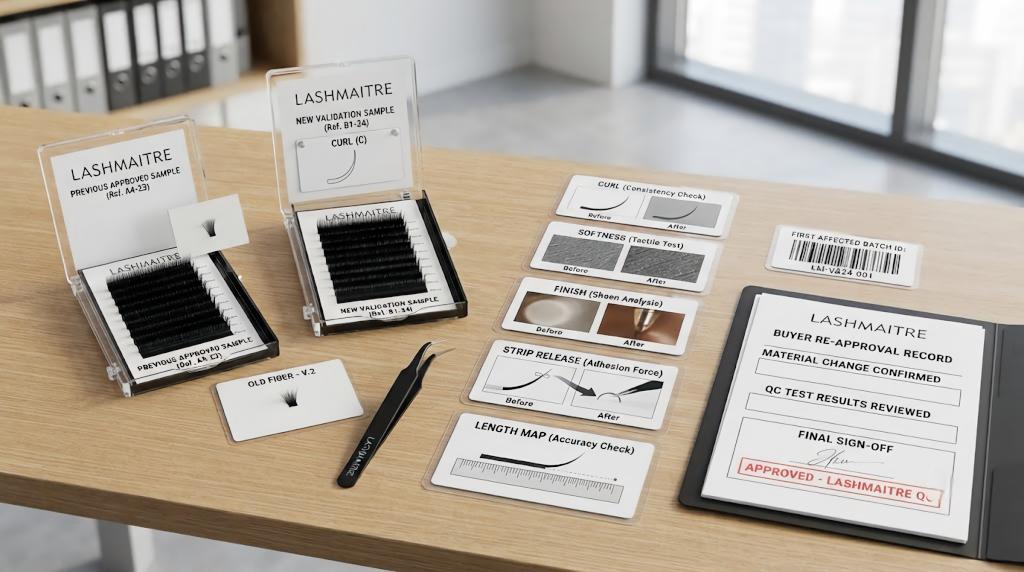 LASHMAITRE previous approved sample and new validation sample compared before buyer re-approval