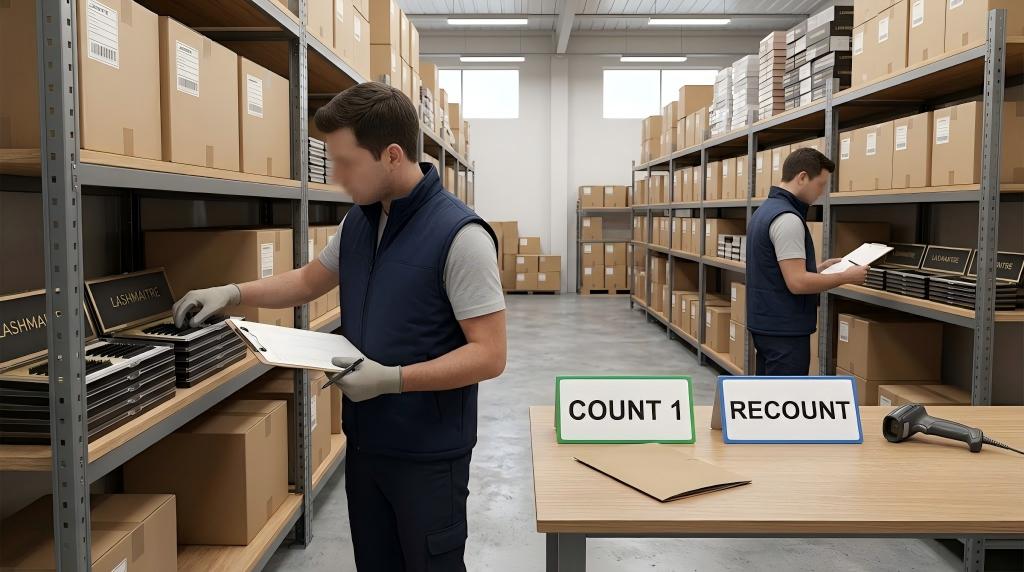 Independent LASHMAITRE lash inventory count and recount in a controlled warehouse aisle