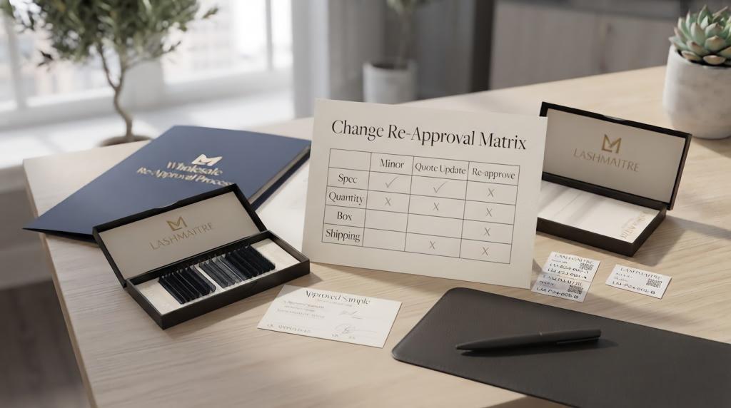 LASHMAITRE lash order change re-approval matrix for specs, quantity, box and shipping changes
