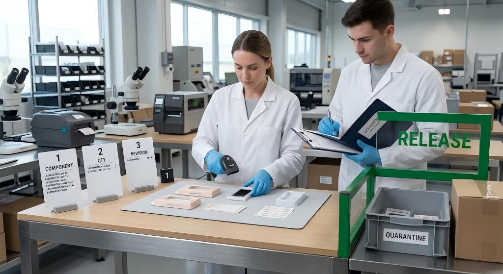 LASHMAITRE team verifying packaging component quantity and revision before release