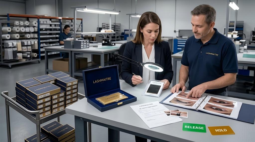 Buyer and LASHMAITRE quality manager reviewing lash production release or hold evidence