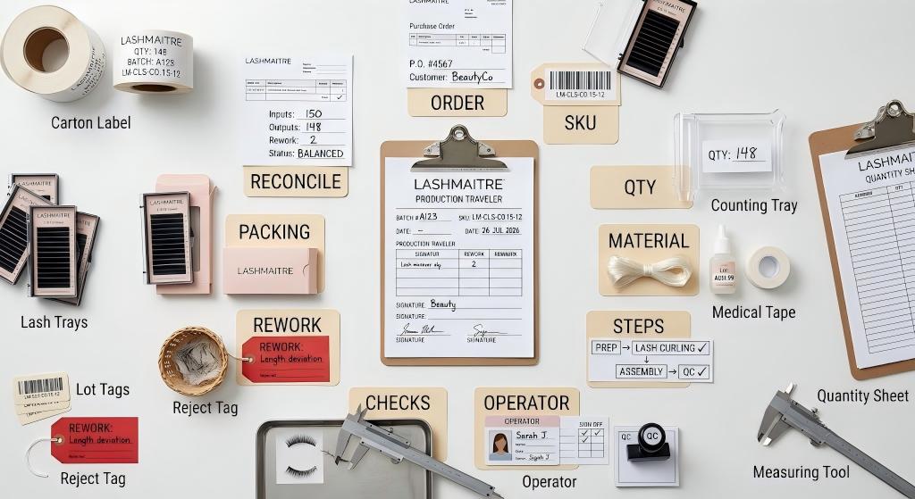 Lash production traveler linking order SKU quantity material steps operator checks packing and reconciliation