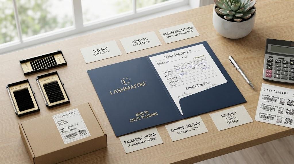 LASHMAITRE MOQ 50 quote planning folder with test SKU card, hero SKU card, packaging option, shipping method, reorder point, calculator, and barcode labels.