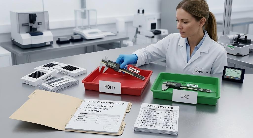 LASHMAITRE quality technician holding an out-of-tolerance tool and reviewing affected lash lots