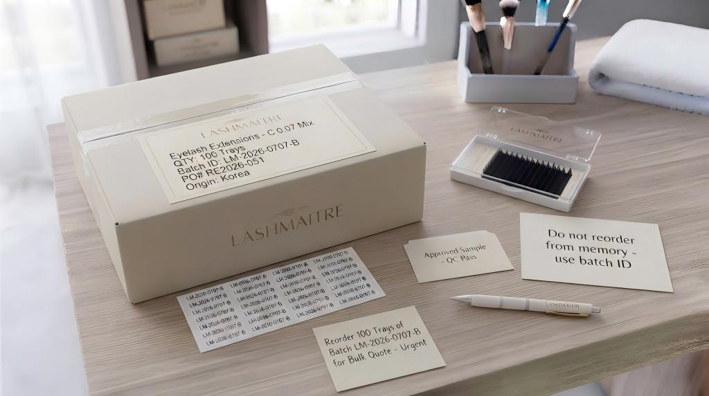 LASHMAITRE reorder note reminding buyers not to reorder from memory but to use batch ID and approved sample QC pass