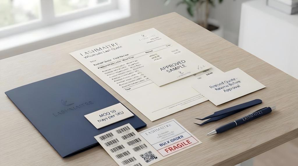 LASHMAITRE revised lash quote approval folder with MOQ 50 card, barcode labels and fragile bulk order label