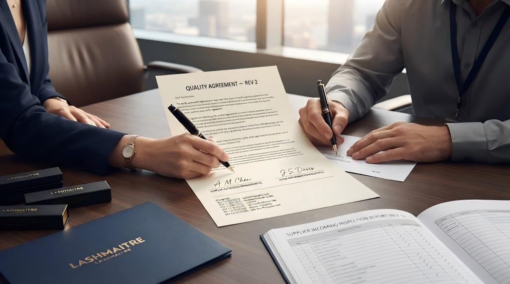 Revision-controlled LASHMAITRE quality agreement signed with change log and inspection records