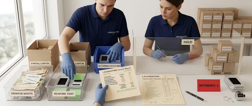 LASHMAITRE team investigating one unexplained label difference across waste rework returns and partial cartons