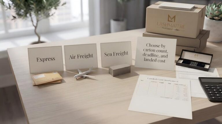 LASHMAITRE bulk lash shipping decision with express, air freight and sea freight options plus landed cost worksheet
