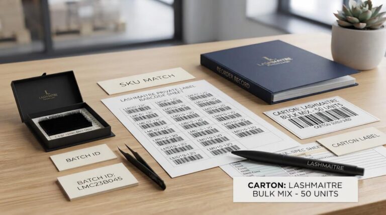 LASHMAITRE lash barcode sheet for private label orders with SKU match, batch ID, carton label and reorder record