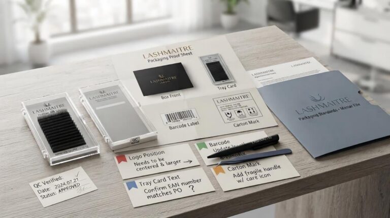 LASHMAITRE lash packaging proof revision file with tray card box front barcode label carton mark and QC notes