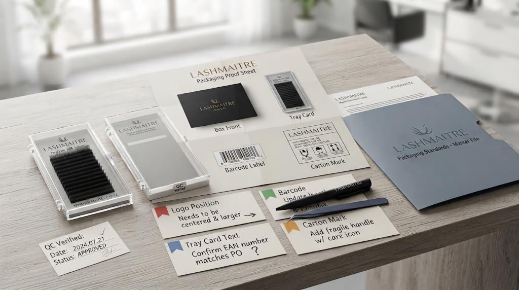 LASHMAITRE lash packaging proof revision file with tray card box front barcode label carton mark and QC notes