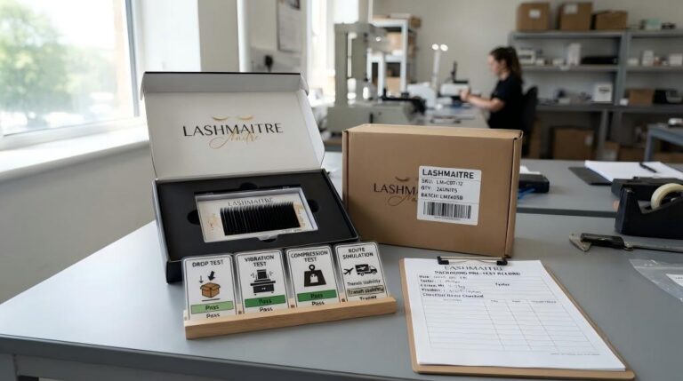 Lash packaging transit test with LASHMAITRE drop vibration compression and route checks