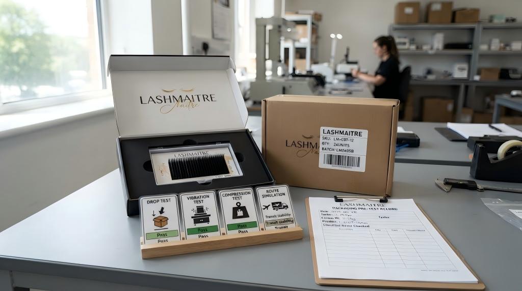 Lash packaging transit test with LASHMAITRE drop vibration compression and route checks