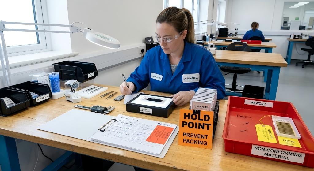 LASHMAITRE operator recording an in-process result at a hold point before packing