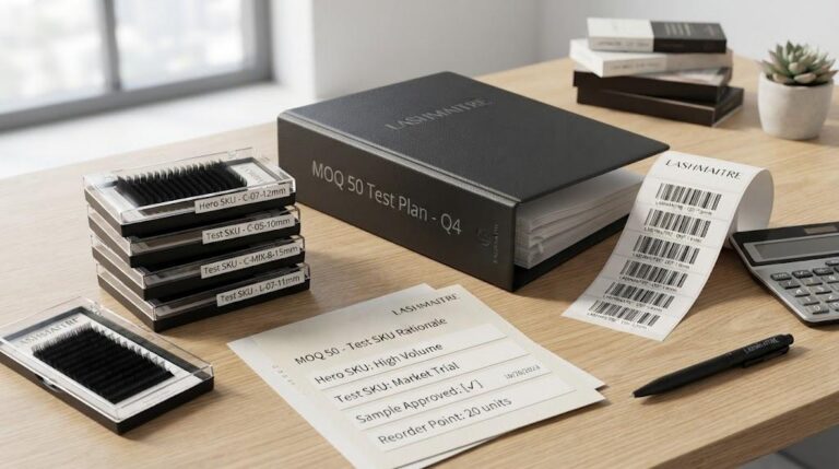 LASHMAITRE low MOQ lash orders test SKU plan with MOQ 50 folder hero SKU test SKU reorder point and approved sample cards