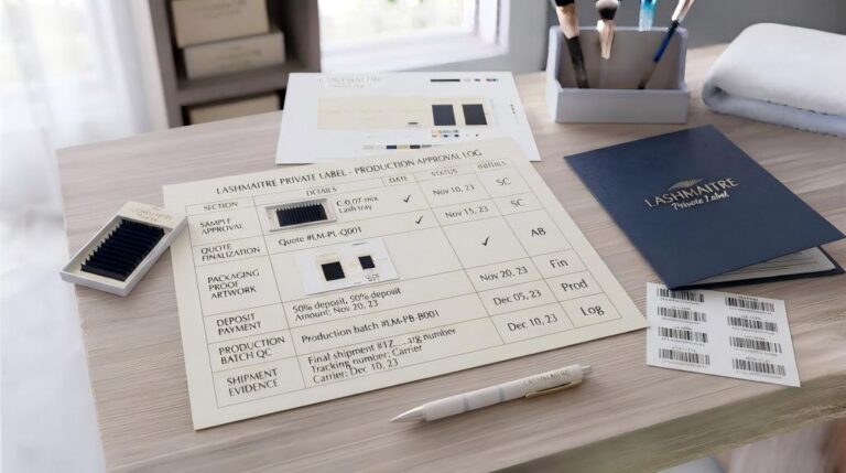 LASHMAITRE private label lash production approval log with sample approval, quote finalization, packaging proof, deposit and QC steps