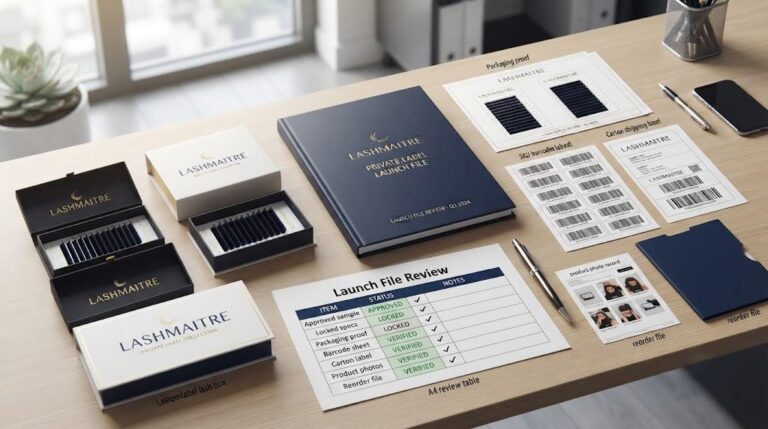 LASHMAITRE private label lash launch file review with branded boxes approved lash samples launch file folder SKU barcode labels carton shipping note and product photo sheet