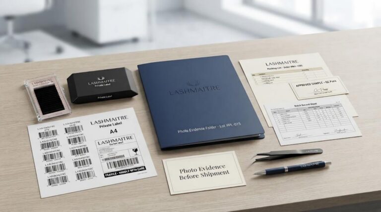 Private label lash photo evidence folder with barcode sheet carton mark and batch record documents