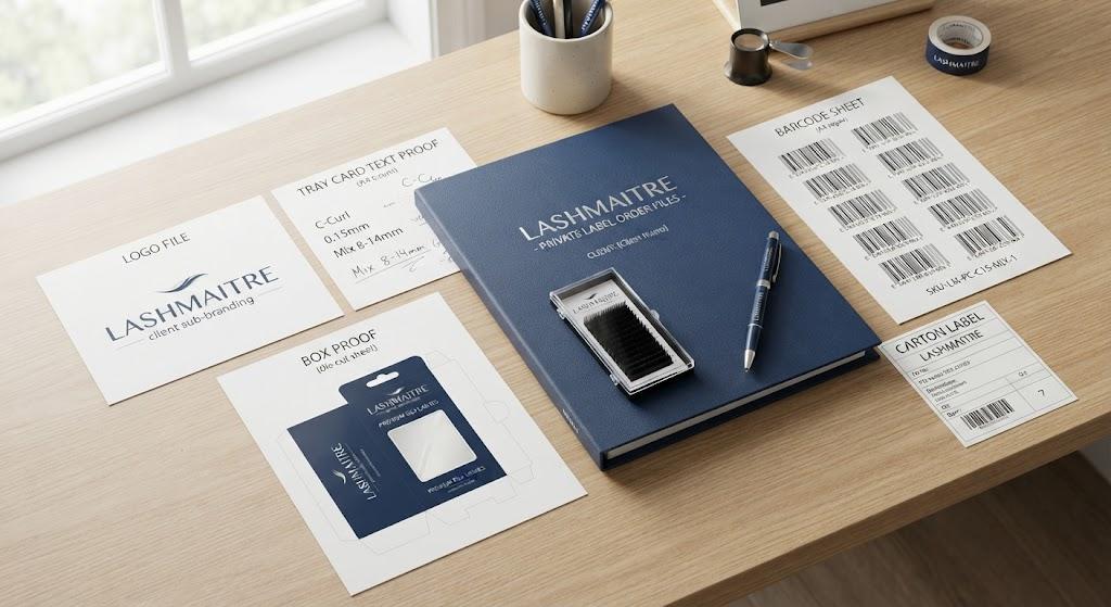 LASHMAITRE lash buyer communication checklist private label order folder with logo file tray card proof box proof and barcode sheet