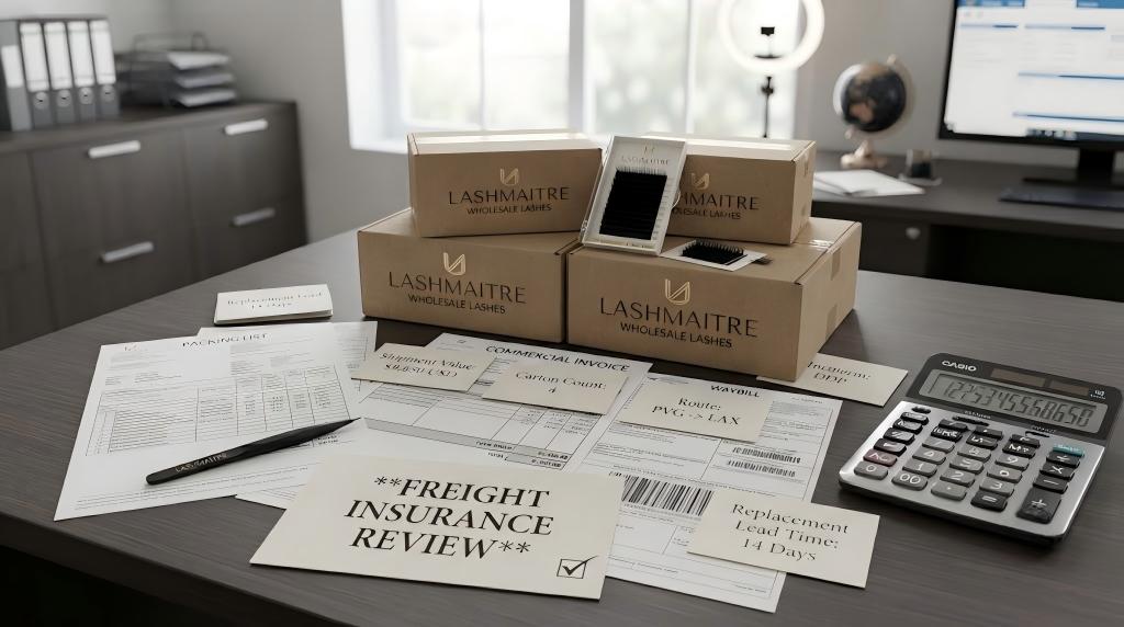 Freight insurance review for a LASHMAITRE wholesale lash shipment with invoice and packing records