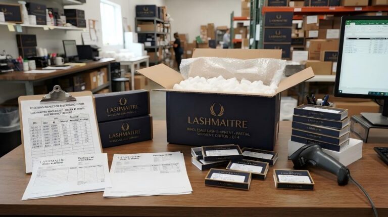 Lash receiving discrepancy inspection with LASHMAITRE carton, packing list and variance record