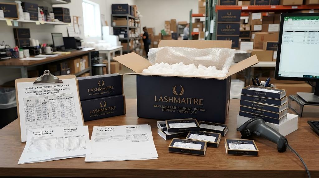 Lash receiving discrepancy inspection with LASHMAITRE carton, packing list and variance record